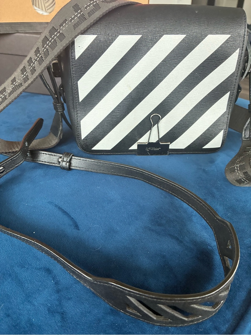 Off—White Black and White Diagonal Stripe Crossbody Bag